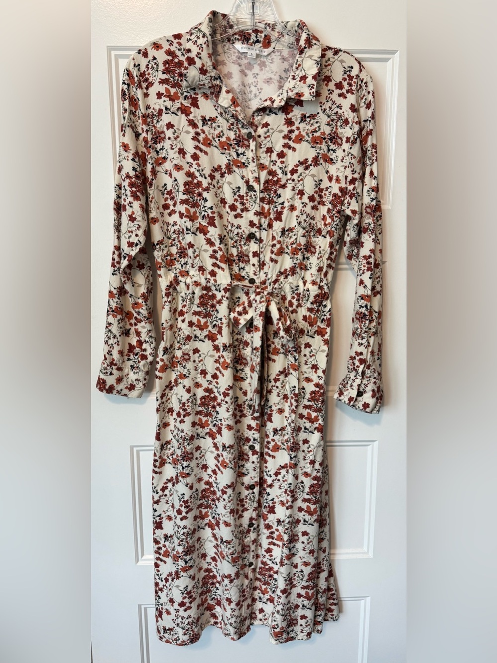 Downeast Floral Button Front Midi Shirt Dress Tie Waist Long Sleeve Size L Boho